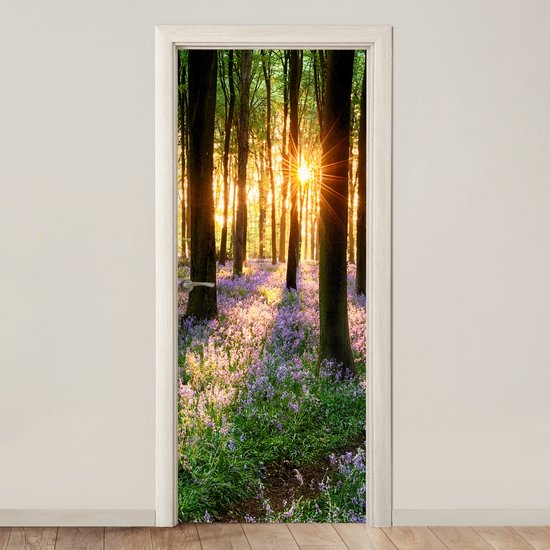 Sticker pour porte Forêt - Fleurs - Lavande - Soleil - Violet - Nature - 80x205 cm - Affiche de porte