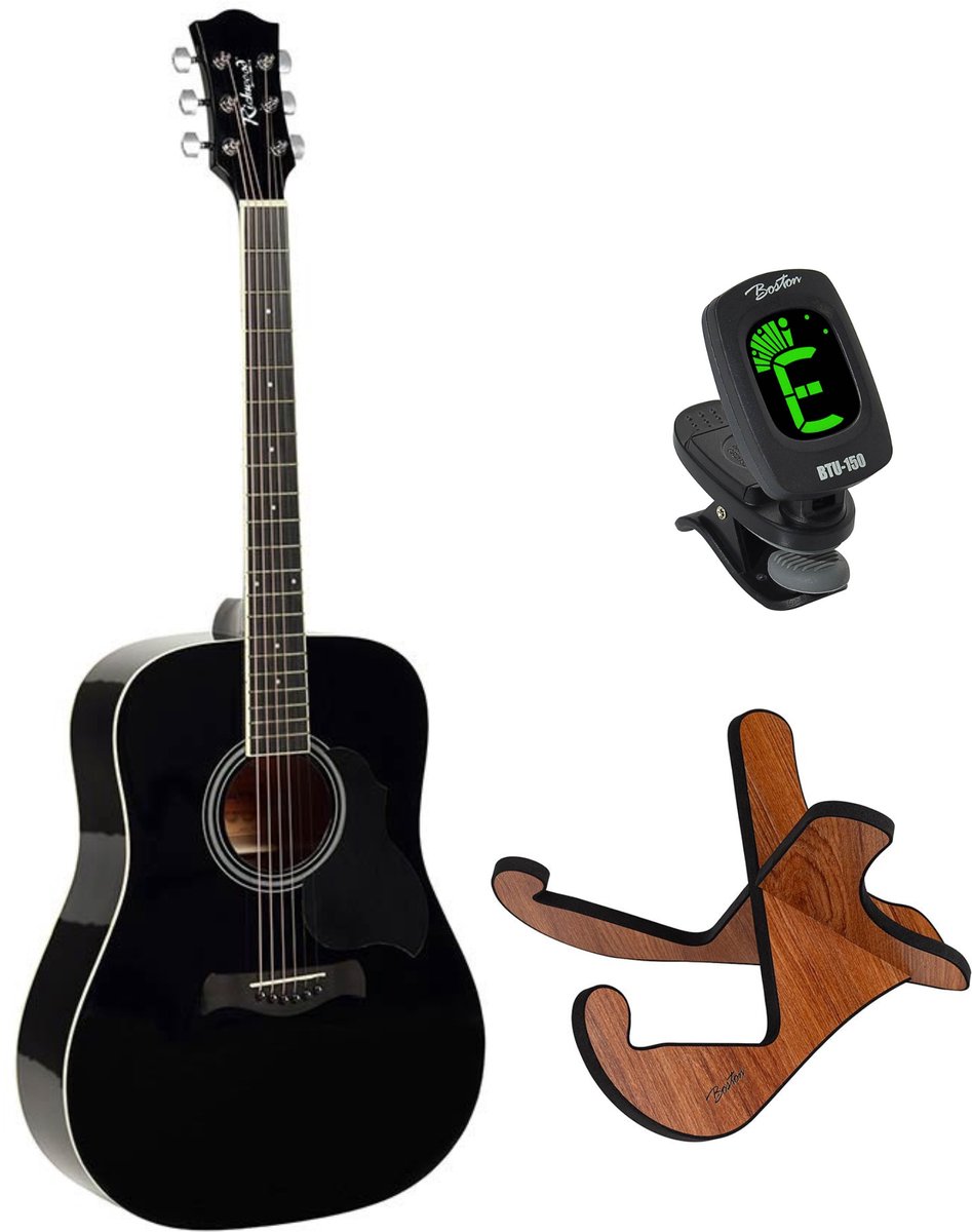Richwood RD-12-BK akoestische gitaarset – dreadnought, zwart, met stemapparaat en standaard