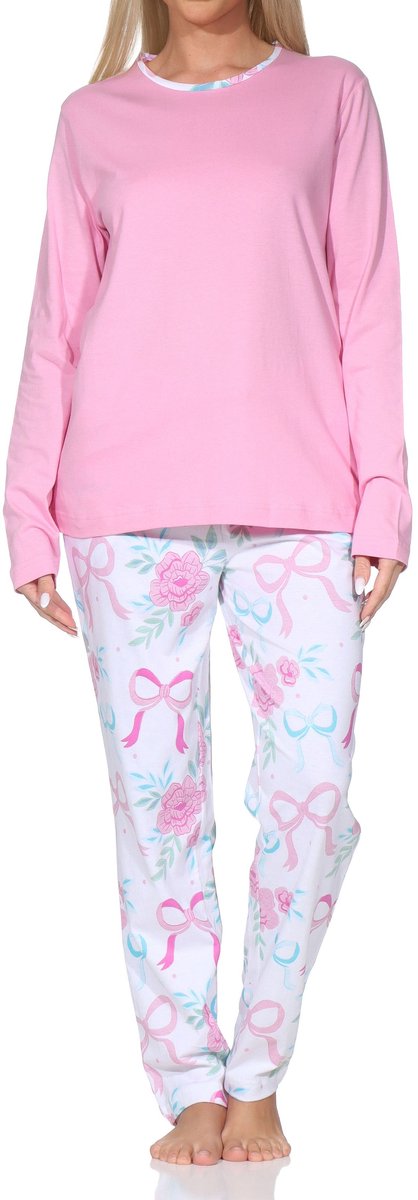 Normann dames lange pyjama in een stijlvolle look met strikken als motief pink