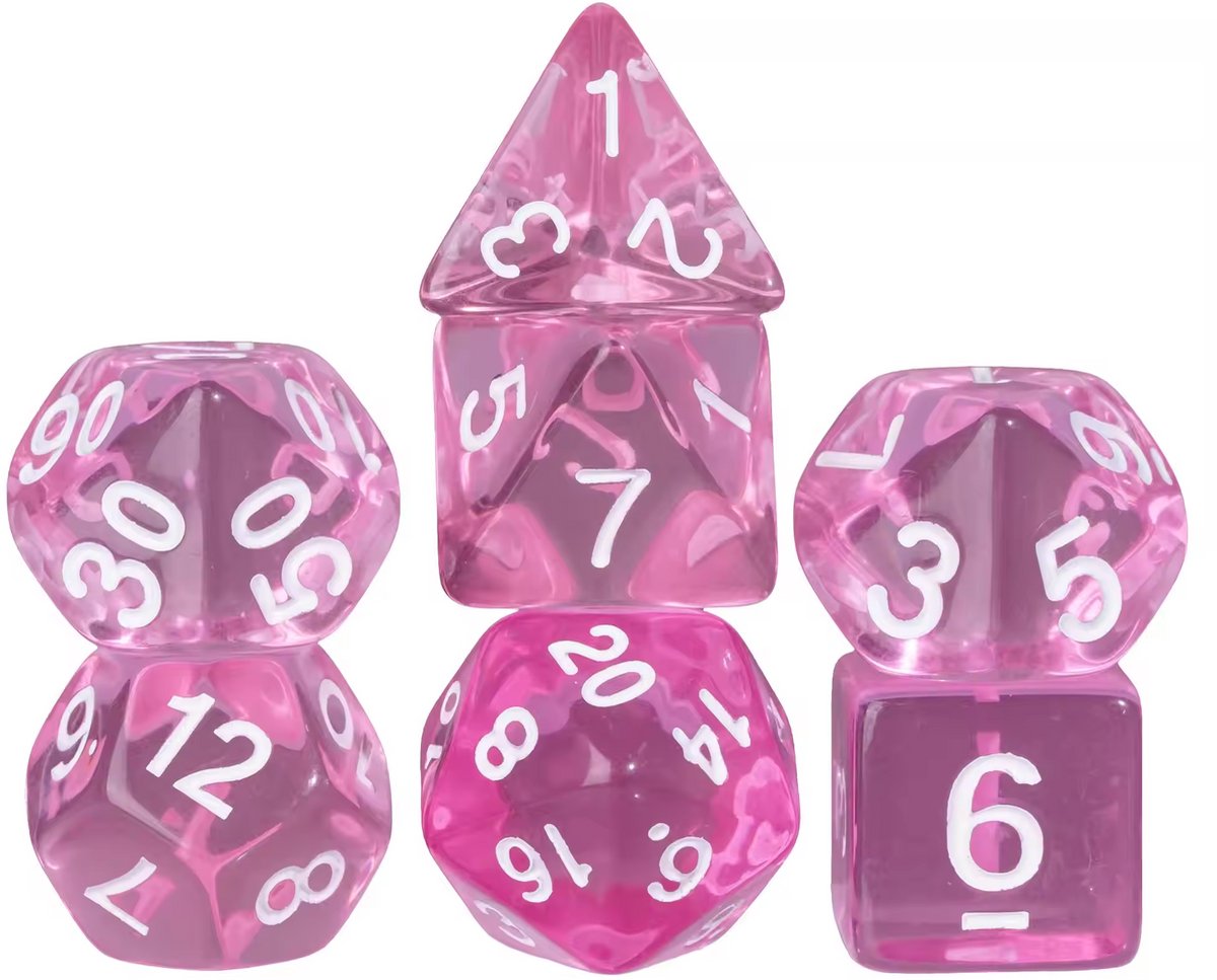 Dobbelstenen Set 7-delig – Transparant Lichtroze D20 D12 D10 D8 D6 D4 – Voor RPG & Tafelspellen