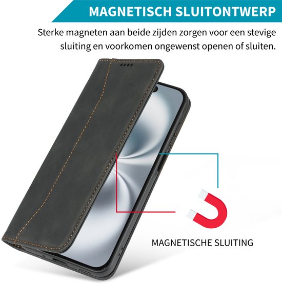 Zwart PU-leren telefoonhoesje met magnetische sluiting, getoond in de open stand.