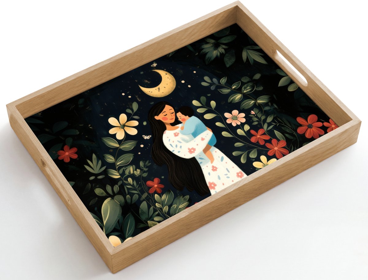 Dienblad hout 50x35 cm - Schootdienblad - Moeder - Kind - Kleurrijk - Bloemen - Borrelplank rechthoek - Plateau dienbladen