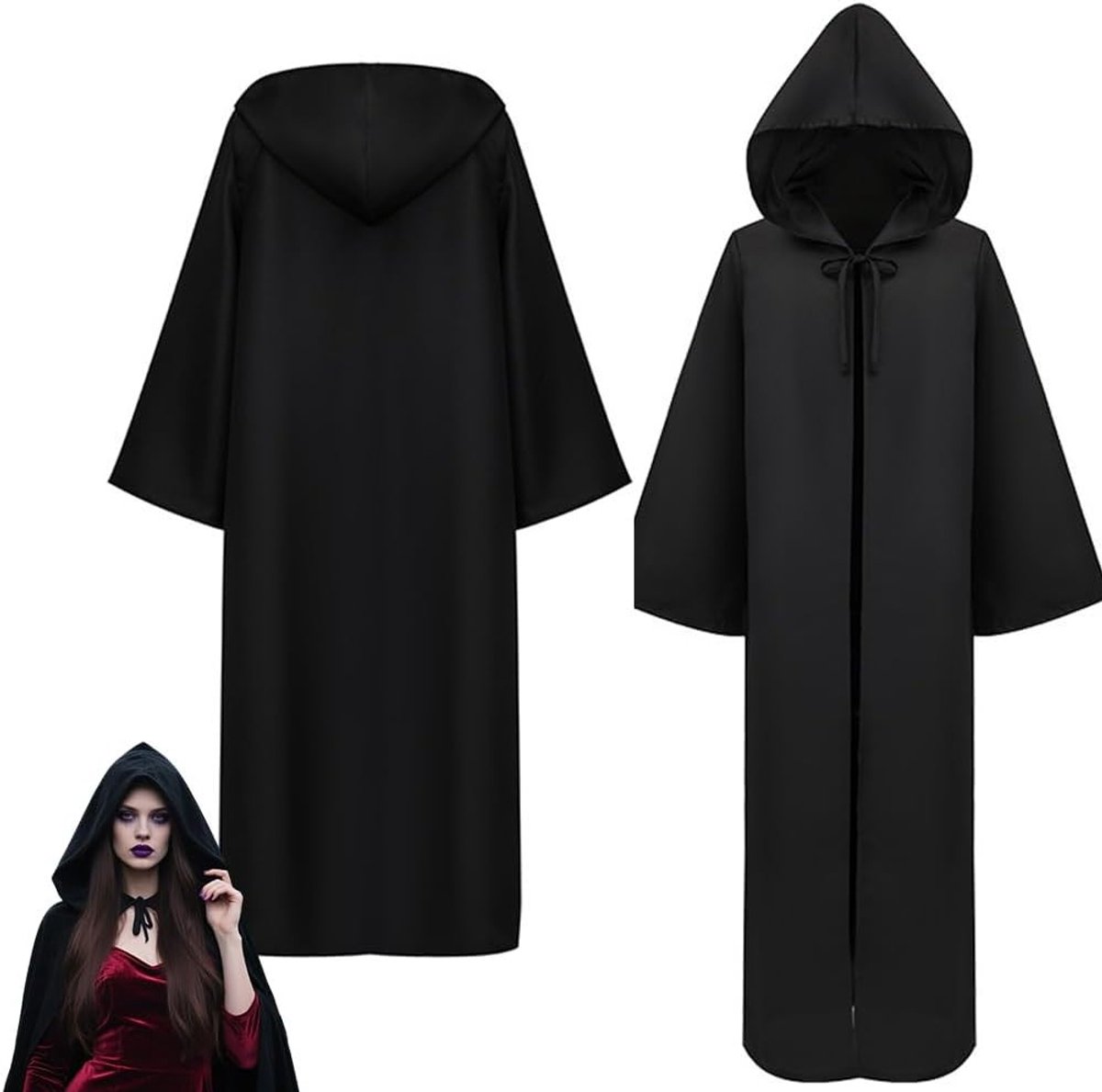 Zwarte Cape met Kap voor Halloween, Unisex Middeleeuwse Kostuum Cape, Cosplay Outfit voor Feestdagen en Carnaval
