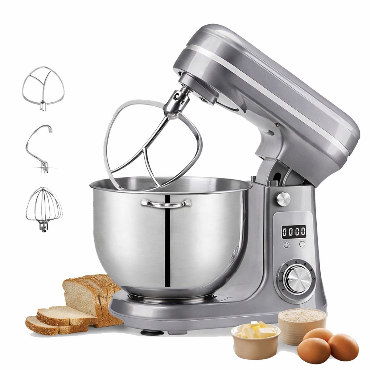 Sello! keukenmachine - krachtige stille motor – deeg kneden – mixer – kloppen – 6 snelheden - 1200w – 6l - grijs