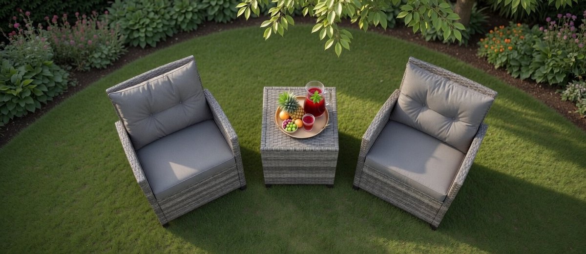Rotan tuinmeubelset, 3-delig, balkonmeubels incl. 2 stoelen, kussens & tafel met gehard gl