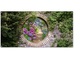 Tuinposter 160x80 cm - Tuindecoratie Doorkijk - Bloemen - Hortensia - Zomer - Poster voor in de tuin - Buiten decoratie - Schutting tuinschilderij - Tuindoek muurdecoratie - Wanddecoratie balkondoek