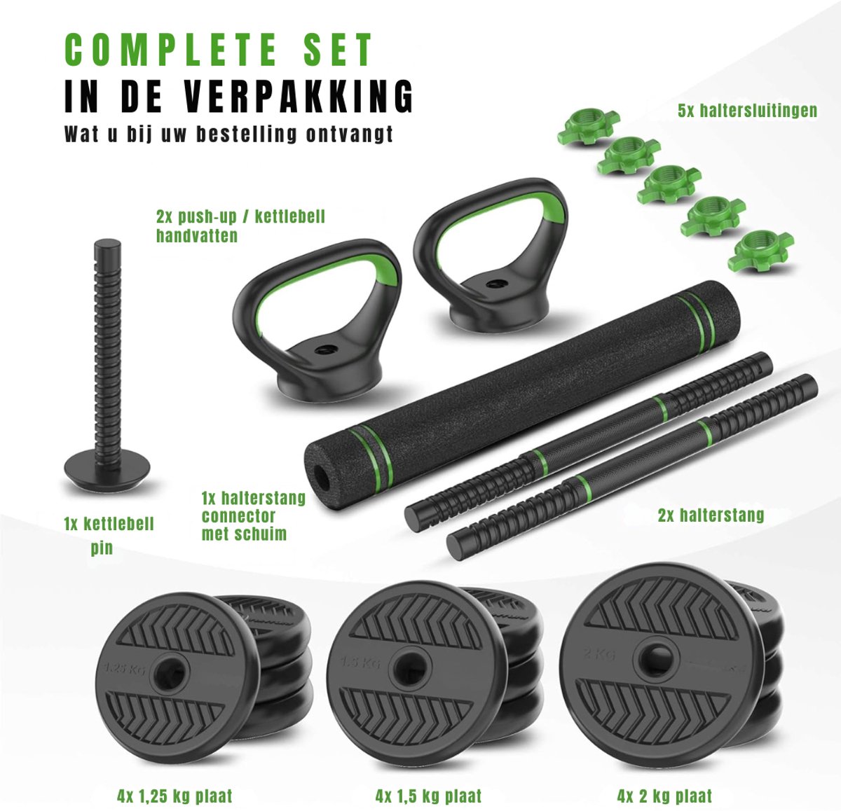 DYNA® Verstelbare Dumbells - Verstelbare Dumbbells - Dumbell Set - Verstelbare Dumbell - Zwart/Groen - 114cm x 19cm x 19cm thumbnail 6