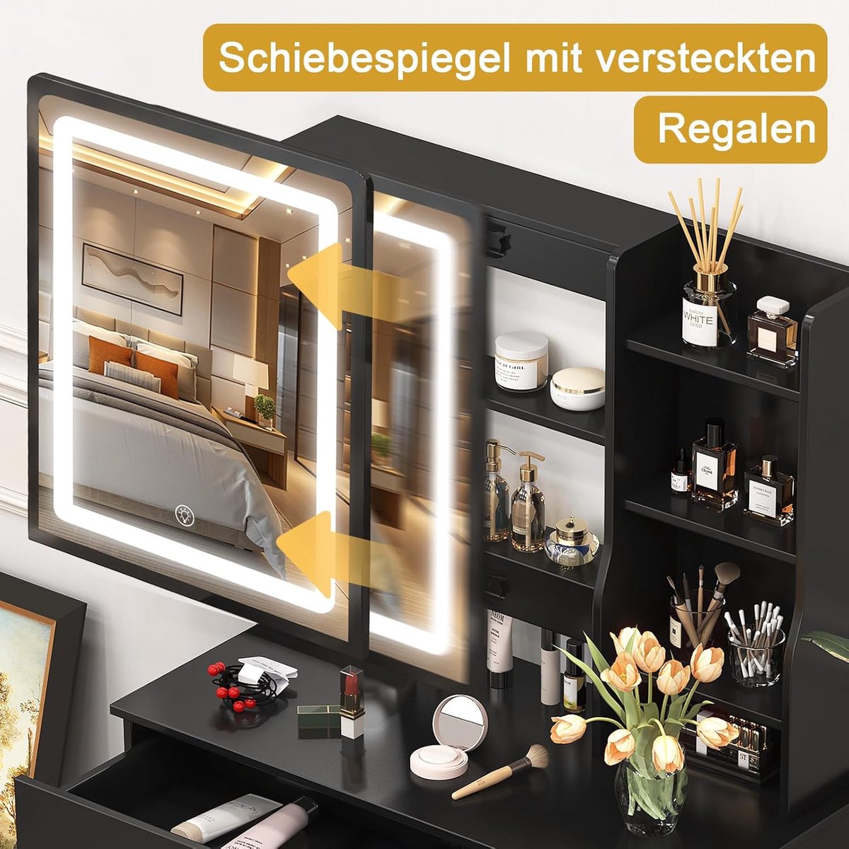 Make-uptafel met LED Spiegel en Verlichting – Kaptafel 80 cm met 3 Lichtmodi, 4 Laden, Open Opbergvakken en Instelbare Helderheid – Moderne Schminktisch Zwart – ABTkantoor 132x80x40 cm