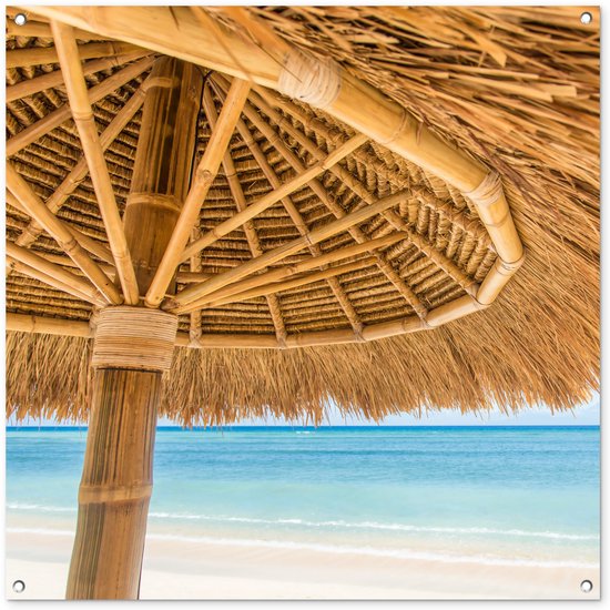 Affiche de jardin - Plage - Parasol - Roseau - Mer - Tropical - 100x100 cm - Affiche extérieure - Décoration murale Décoration de jardin Décoration murale- Toile jardin