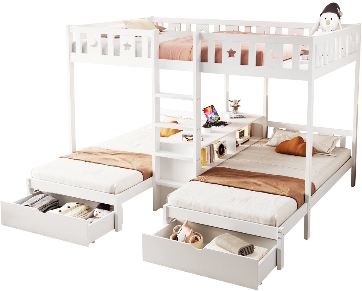 Merax Stapelbed voor Kinderen 140x200 + 90x200 cm - Houten Bed met Opbergruimte & Schubladen - Veiligheidshek - Wit