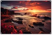 Affiche de jardin - Toile de jardin - Posters de jardin extérieur - Plage - Coucher de soleil - Fleurs - Rochers - Mer - 120x80 cm - Jardin