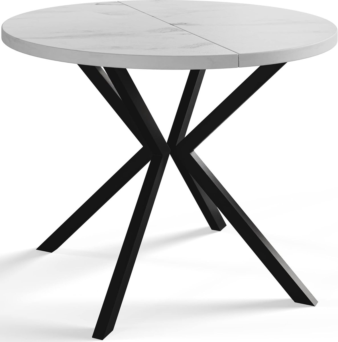 Marbello Luxe Uitschuifbare Ronde Eettafel Ø100–180 cm Marmerlook Design met Zwarte Metalen Kruispoot – Modern Woonkamer- en Keukentafel 4–6 Personen