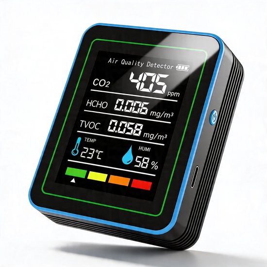 5-in-1 Luchtkwaliteitsmeter Nauwkeurige Luchtanalyse voor Binnen - CO2 Meter Met TVOC HCHO Temp en Luchtvochtigheid - CO2 Melder Draadloos en Draagbaar – CO2 Monitor Real-Time Met Display