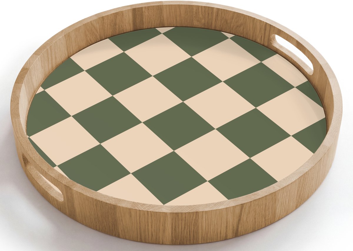 Dienblad rond 40x40 cm - Schootdienblad hout - Schaakbord print - Groen - Beige - Blokjes - Borrelplank rechthoek - Plateau houten dienbladen