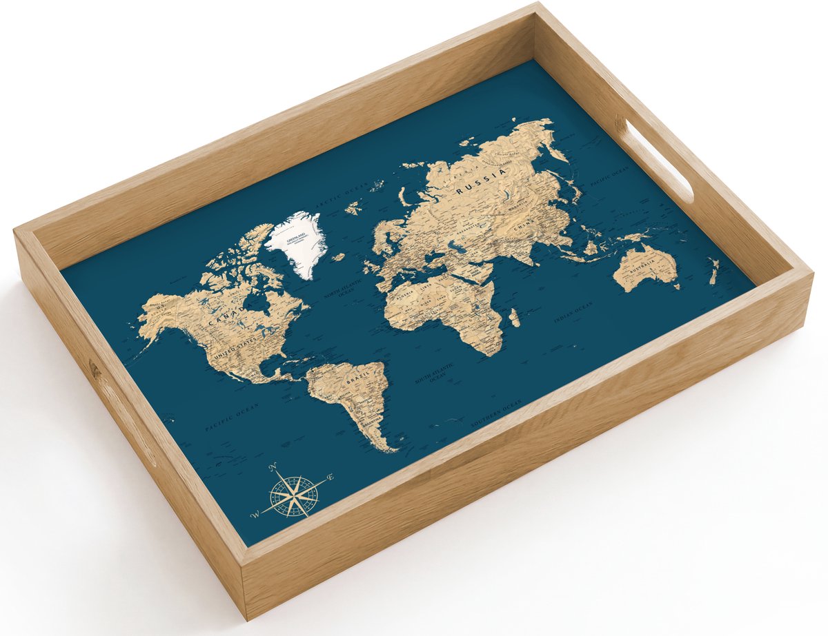 Dienblad hout 40x30 cm - Schootdienblad - Wereldkaart - Donkerblauw - Beige - Borrelplank rechthoek - Plateau dienbladen