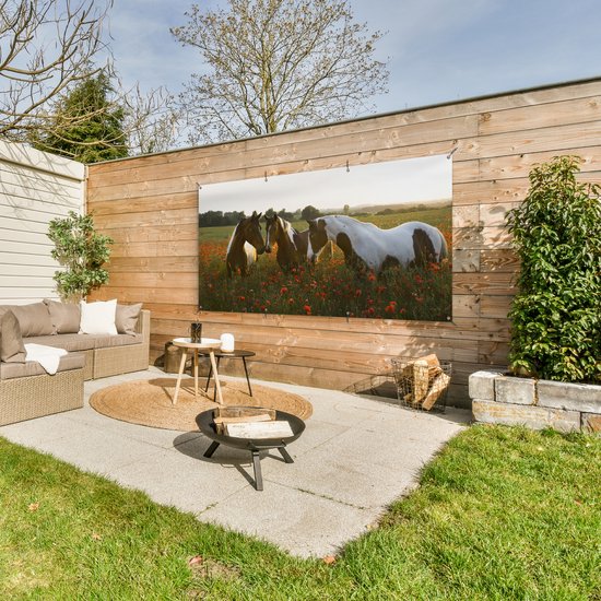 Affiche de clôture Paarden - Fleurs - Soleil - 200x100 cm - Toile de jardin