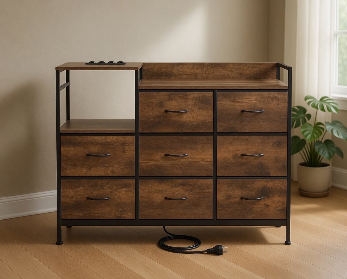 Commode met 8 stoffen laden, stoffen commode met stopcontacten, commodekast voor slaapkamer, woonkamer, hal, metalen frame, houtlook, vintage houtlook, zwart, SSK007hov-Mobili Bella