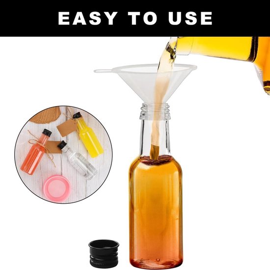 Pack van 12 kleine 50 ml flessen voor vullen - shotglazen met deksel - plastic shotflessen - kleine herbruikbare mini flessen met label - ideaal voor dranken — afbeelding 3