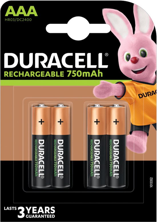 Duracell AAA oplaadbare batterijen, 750 mAh, verpakking van 4 met roze konijnmascotte.