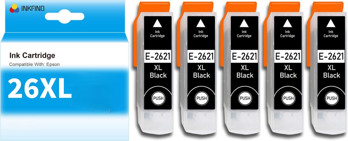 INKFIND 26XL T2621 inktcartridge 5 Pack (Zwart*5) compatibel met Epson T2621 26XL voor Epson Expression Premium XP 820 810 800 720 710 700 625 620 615 610 605 600 520 510 -5-pack