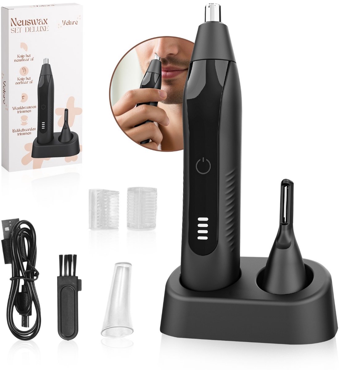 Velaré® 2-in-1 Neustrimmer voor Mannen – Oplaadbaar & Waterdicht – Voor Neus, Oor, Wenkbrauwen en Gezicht – Draadloos