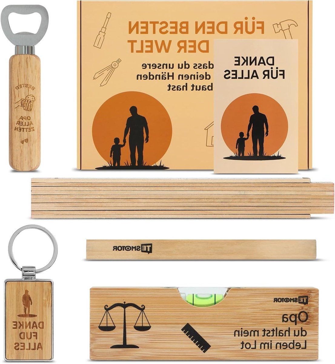 6-delige Cadeauset voor Grootvader met Liniaal, Flesopener, Potlood, Sleutelhanger, Waterpas en Wenskaart - Persoonlijk Cadeau voor Verjaardag of Vaderdag