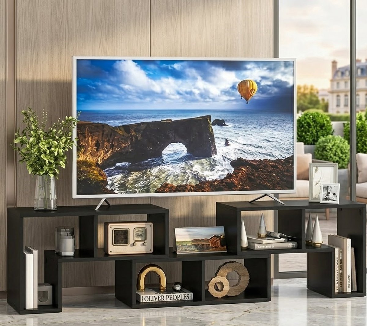 Modulair Uitschuifbaar TV Meubel 134-170 cm Zwart met 3 Delen, Hoekplanken, 6 Open Vakken en Geschikt voor TV tot 65 Inch – Modern Houten TV Lowboard