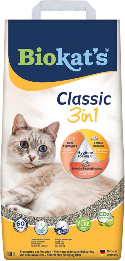Zak Biokat's Classic 3in1 kattenbakvulling met een kat en tekstvakken met productvoordelen.