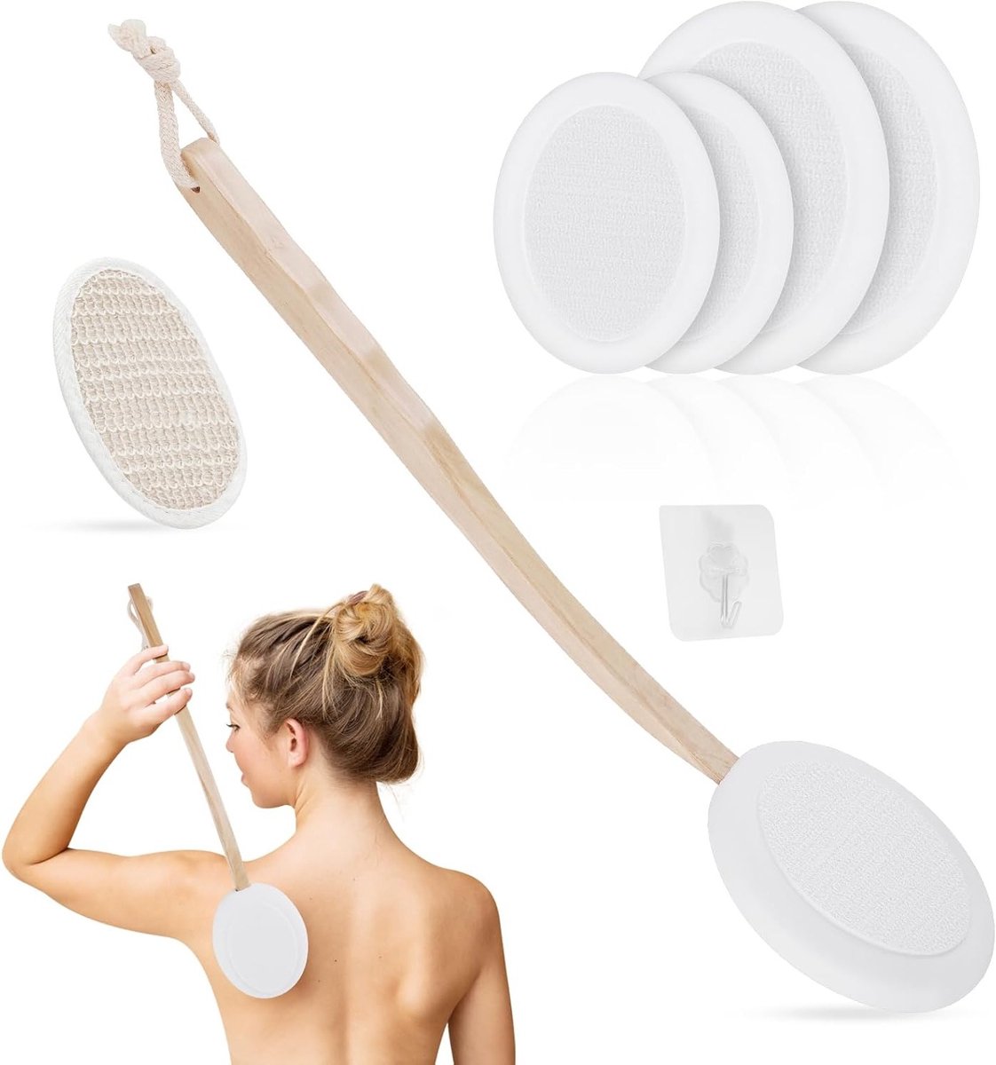 Verzorgingsset voor de Rug met Lange Handgreep en 4 Verwisselbare Pads, Ideaal voor Douche en Lichaamsverzorging