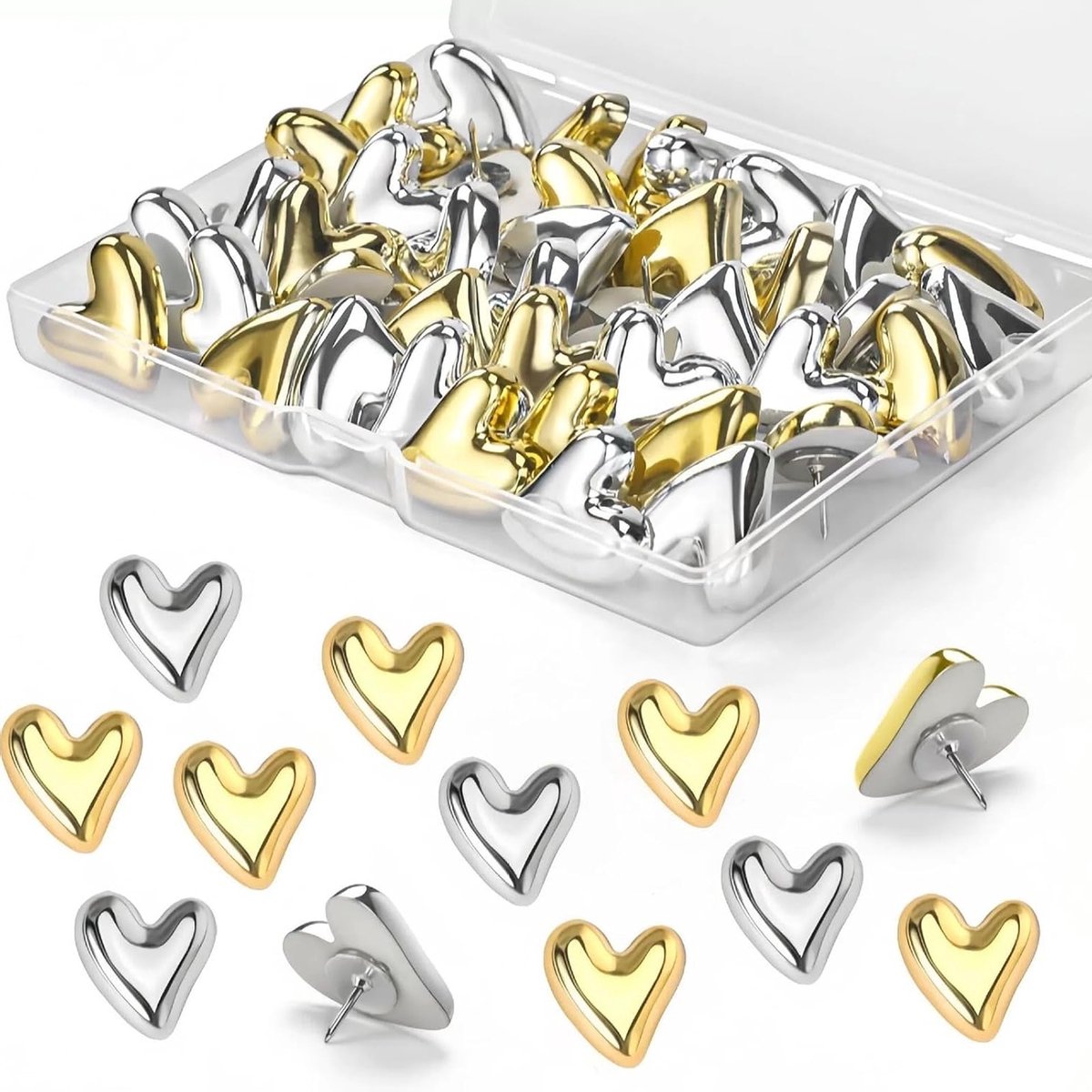 Decoratieve Hart Spijkers, 36 Stuks Gouden en Zilveren Metaal Duimspijkers voor Kurkbord en Kantoor Wanddecoratie