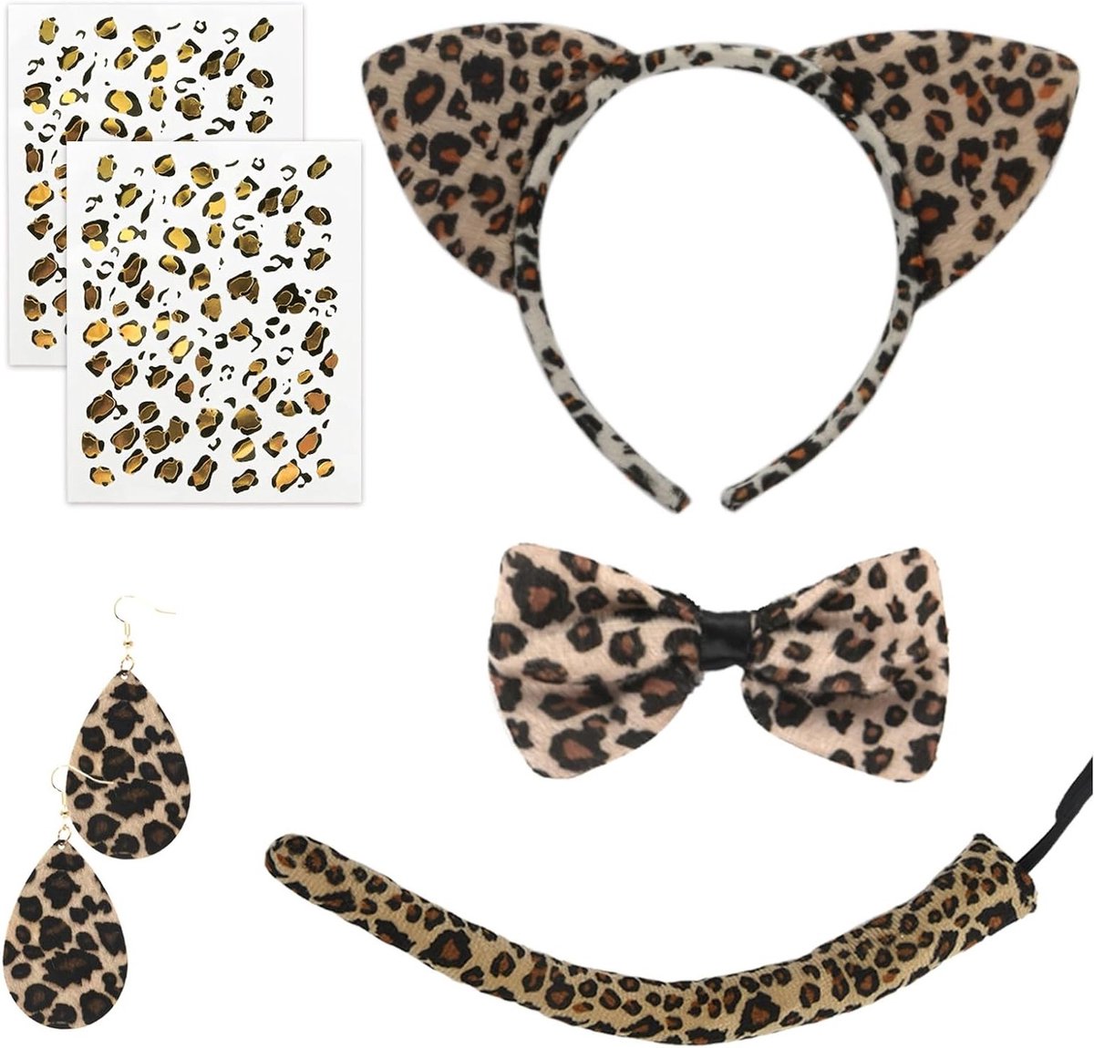 Leopard Kostuum Set met Oren, Staart en Tatoeage Gezichtsaccessoires voor Carnaval en Cosplay