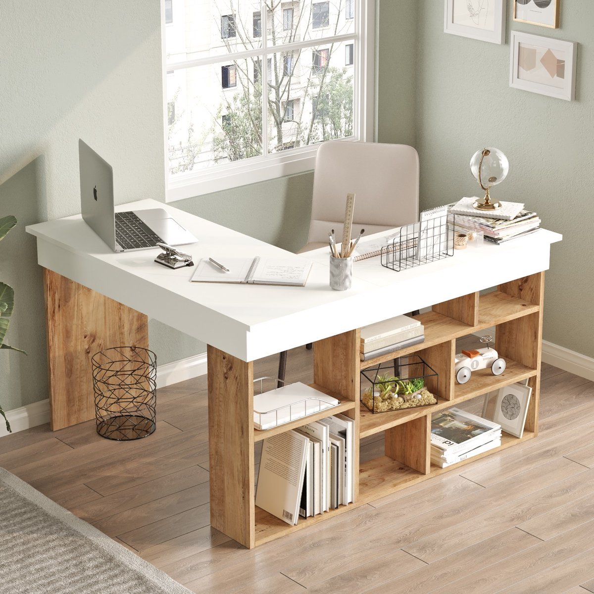 Vente-unique Hoekbureau met opbergruimte - Wit en naturel - LILEUL