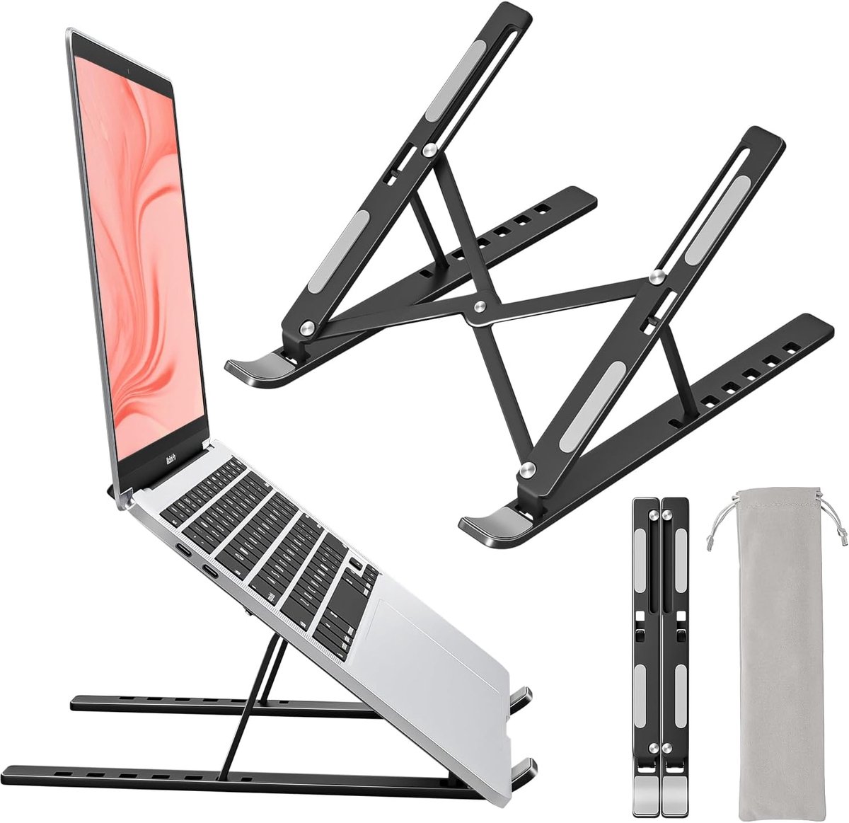 TJ Essentials Laptop Standaard – Verstelbaar en Opvouwbaar – Ergonomische Stand – Aluminium – 9 tot 17,6 Inch – Zwart