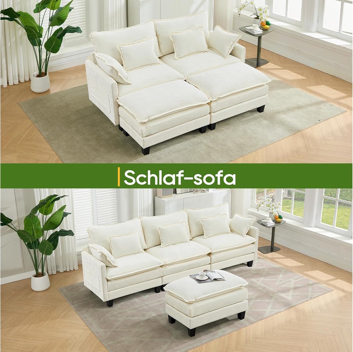 Luxe Modulaire L-Vormige Cloud Hoekbank met Slaapfunctie & Poef – Dubbel Laags Comfort, Chenille Stof, 2-Zits, 287x121x97 cm, Diepe Zit 64 cm – Beige
