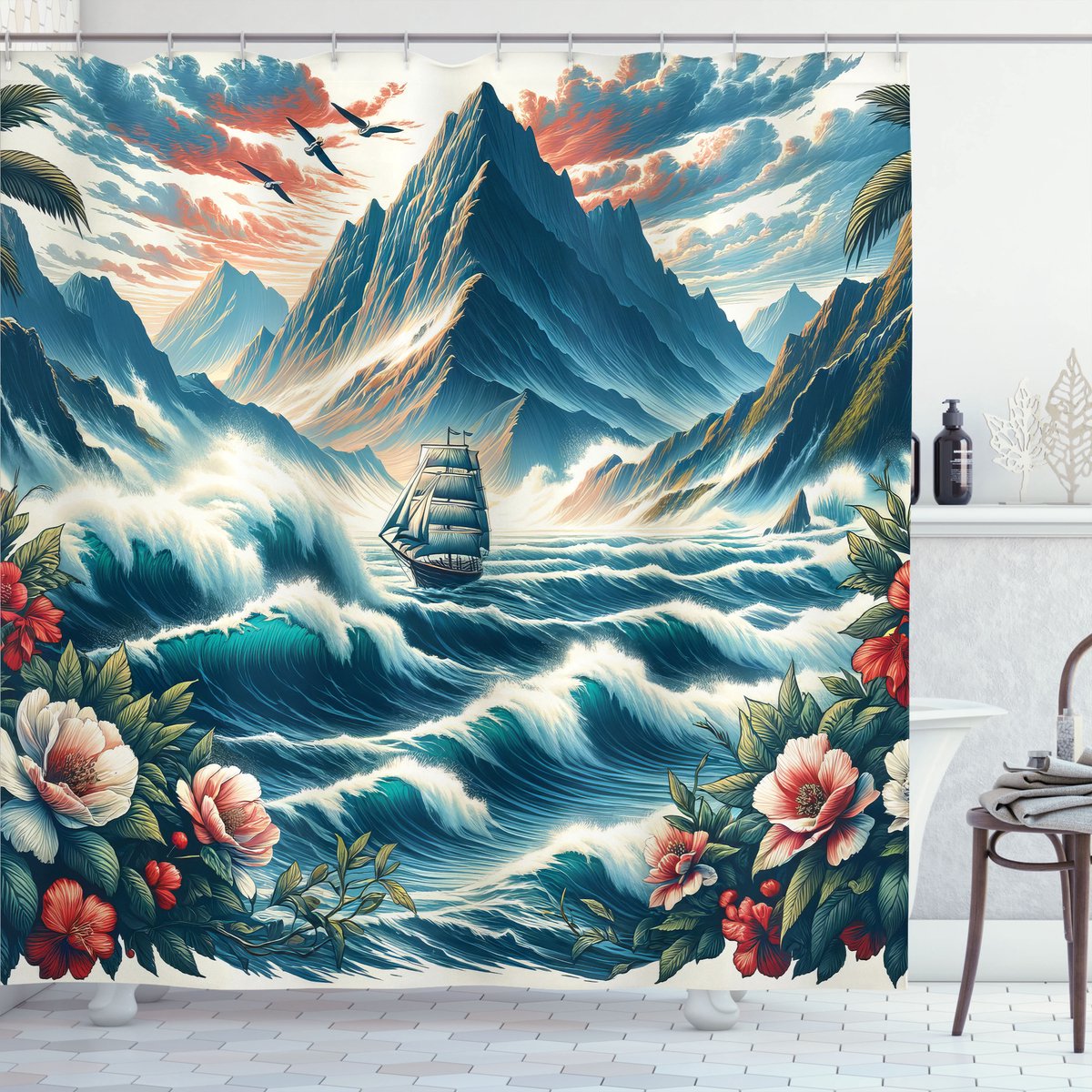 ABAKUHAUS nautisch douchegordijn, stof met haak, 175 x 180 cm, zeeblauw donker koraal
