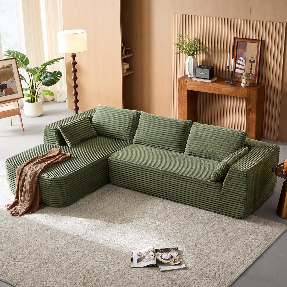 Luxe CloudComfort Modulaire Hoekbank met Slaapfunctie 270x176x57 cm – Corduroy L-Vormige 3-Zits Bank met Ottoman, Diepe Zit 60 cm, Groen