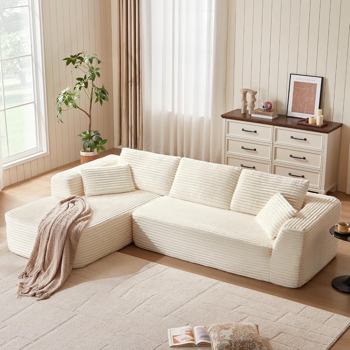 Luxe CloudComfort Modulaire Hoekbank met Slaapfunctie 270x176 cm – Beige Corduroy L-Vorm 3-Zits met Ottoman, Diepe Zitting 60 cm & Chaise Longue 139 cm – Direct Gebruiksklaar zonder Montage