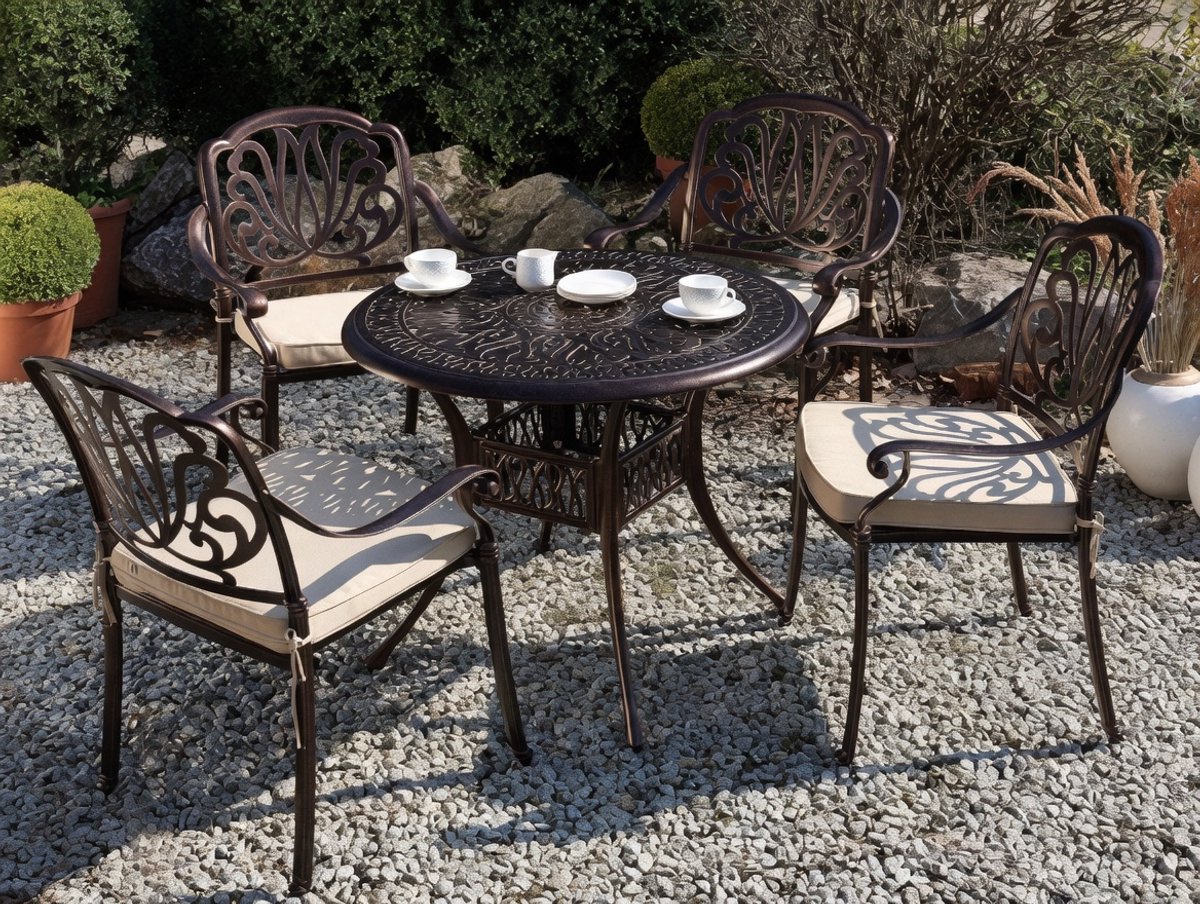 Vintage Tuintafel Rond 90 cm Donkerbruin Aluminium - Klassieke Buiten Eettafel Ancona - We