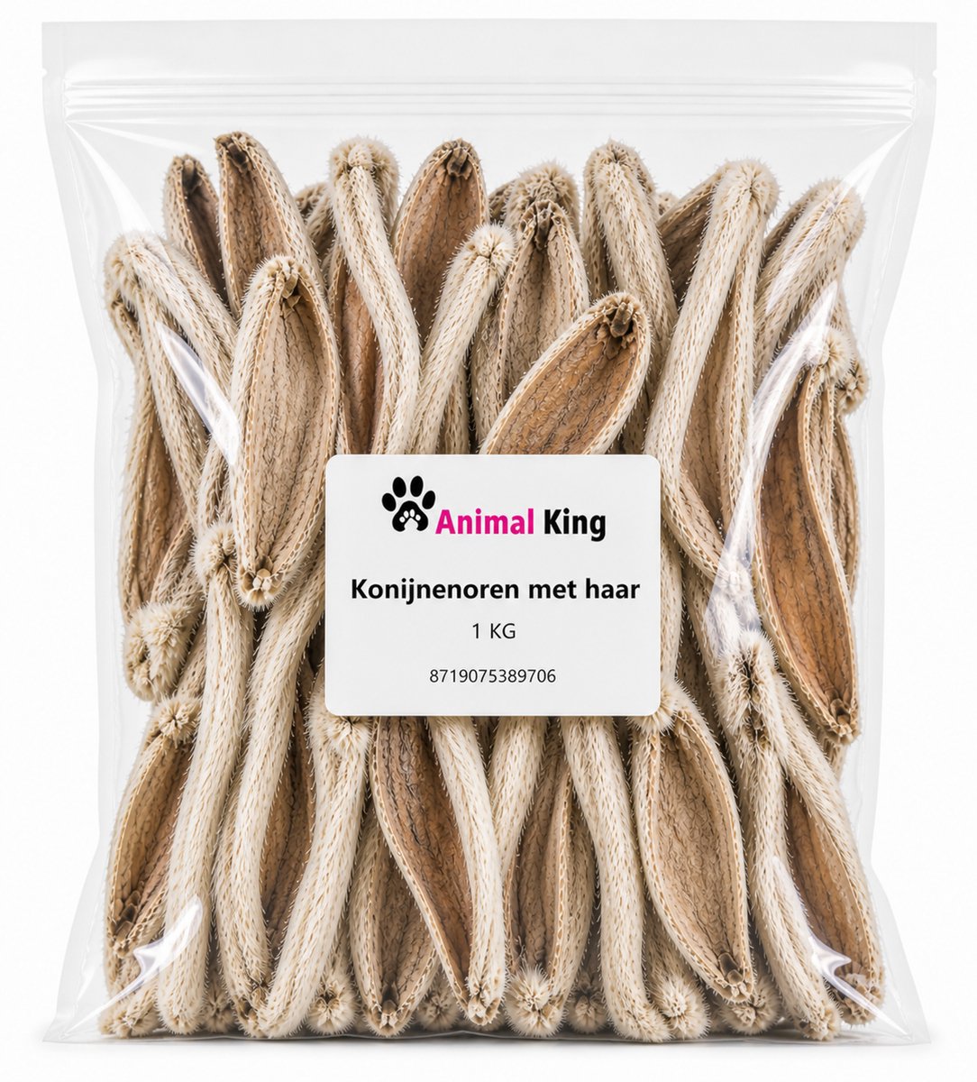 Animalking Konijnenoren Hond - Konijnenoren met Haar - Konijnenoren met Vacht - Hondensnacks Gedroogd - 1 Kilo