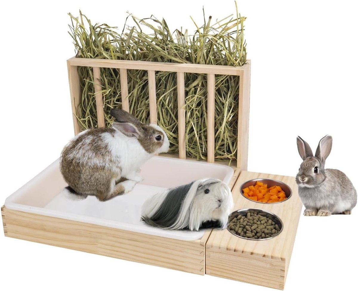 Hooivoerbak met bakken - Voerstation voor knaagdieren - Voeding voor kleine dieren - 3-in-1 ontwerp - 38x28x16 cm - Natuurlijk hout