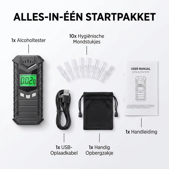 Alle onderdelen van de digitale alcoholtester: tester, 10 mondstukjes, USB-kabel, opbergzakje en handleiding.