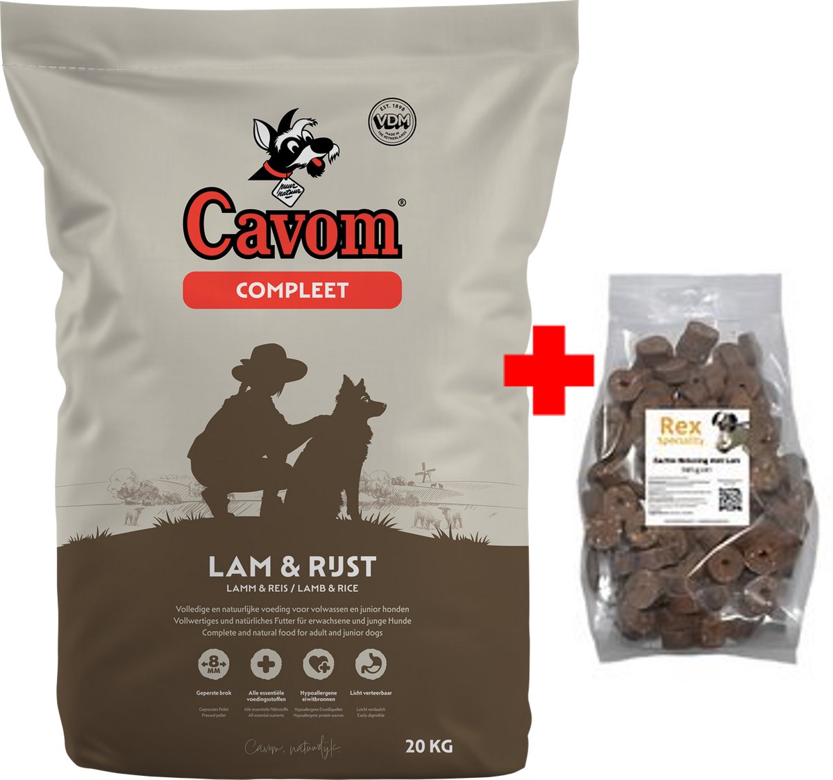 Cavom compleet Lam & Rijst - geperste brokken - 20kg + Rex zachte beloning lam