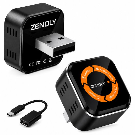 Zendly Draadloze CarPlay Dongle 4-in-1 voor Wireless CarPlay, Android Auto, AirPlay & MirrorLink, USB-A/C, Plug & Play