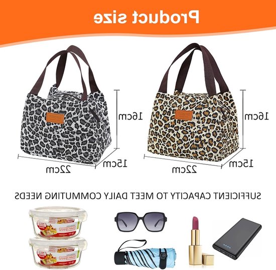 Pack of 2 Lunch Boxes - Square Lunch Bag voor Vrouwen - 5.28L Grote Capaciteit - Ontbijt Tas - Draagbaar en Vouwbaar - Waterdichte Leopard Zip van Merkloos — afbeelding 3