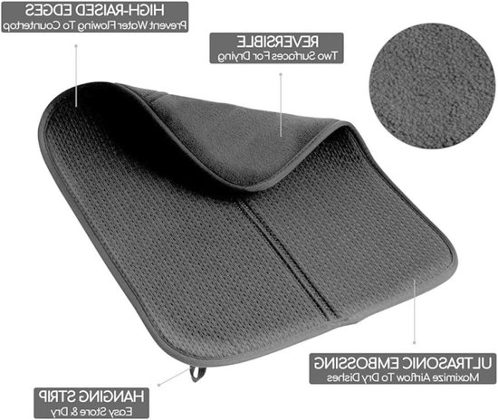 Set van 2 Microvezel Droogmatten, Antislip Warmte-isolatie, Super Absorberend voor Keuken, Bar en Aanrecht, Sneldrogende Drainer Mat 40x45cm (Zwart) — afbeelding 2