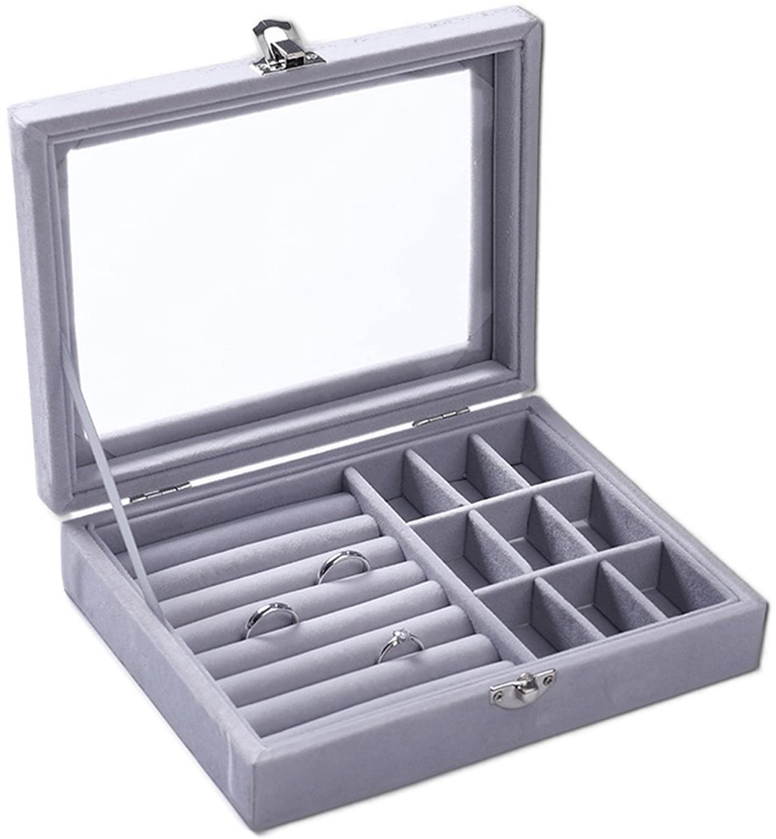 aladdien - Juwelendoos - Sieraden Opbergdoos - Transparant deksel - Grijs - 9 Grids Sieradenkistje - Geschikt voor Dames - Grijs