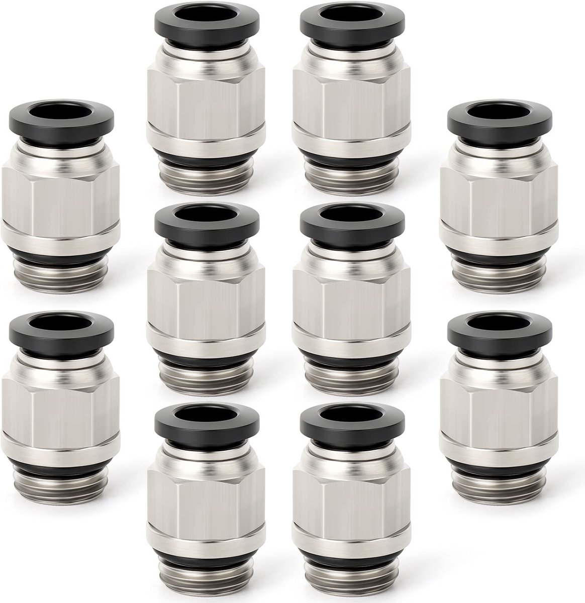 ONF3 - 10 Pcs Mannelijke Push-In Quick Connector - 8mm Buis OD - Hoge Kwaliteit - Zilver - Afdichtring - Voor PU/PA/PE/PVC - Messing en Kunststof