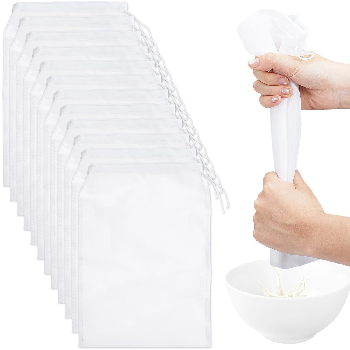 Allecto - Notenmelkzakken - 200 Mesh - Ideaal voor sap en tofu - 12 stuks - Koffie zeef - Geschikt voor yoghurt - Wit