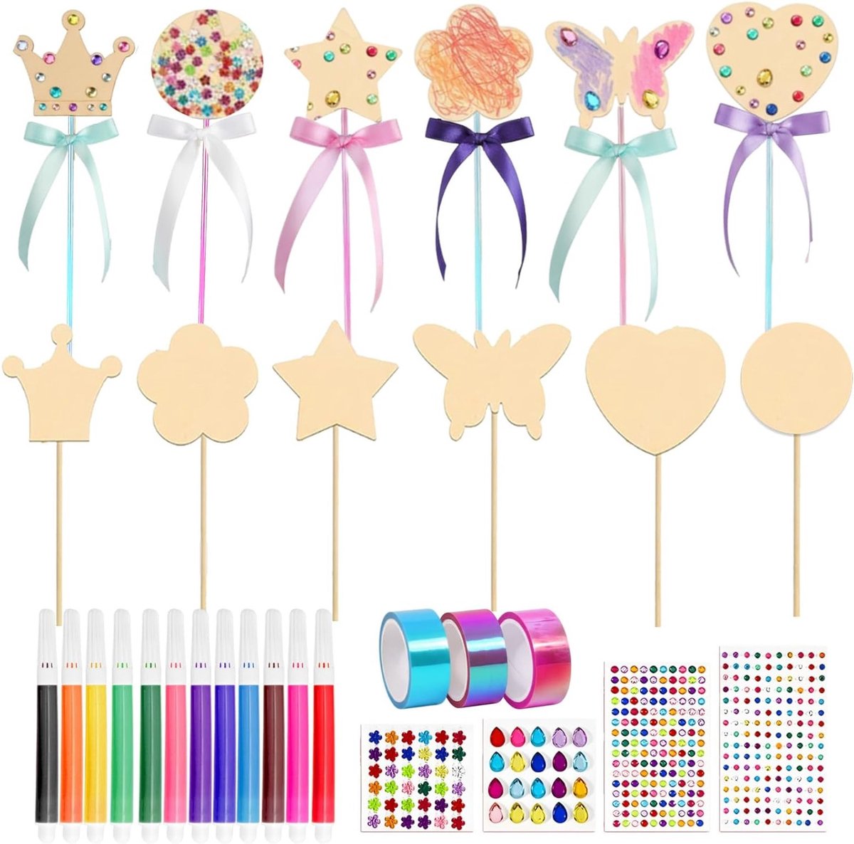 12-delige Set Houten Toverstokken voor DIY Prinsessen, Inclusief 12 Kleuren Waterverf, Plakband en Stickers voor Verjaardagsfeestjes en Creatieve Knutselprojecten