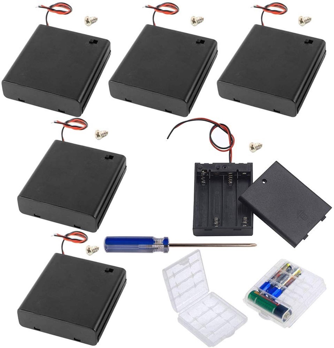 Allecto - Batterijhouder - Batterij Opslagbox - Met Schakelaar en Deksel - Zwart - 4x1.5V - Batterijhouder met Draden - Geschikt voor AA ...